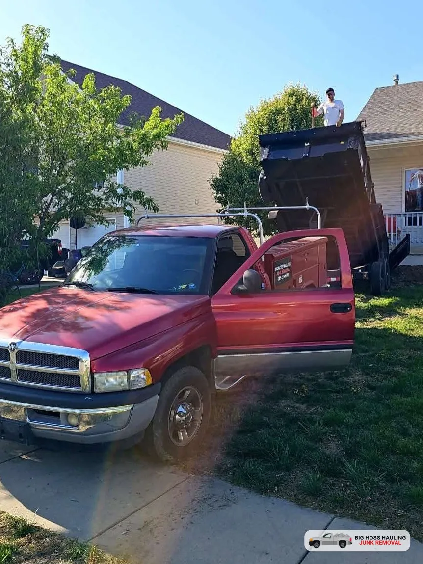 Red pickup and trailer at a customer home